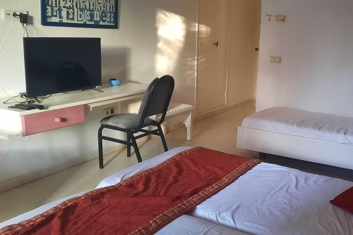 Una habitación con cama, escritorio, computadora, silla y televisión.