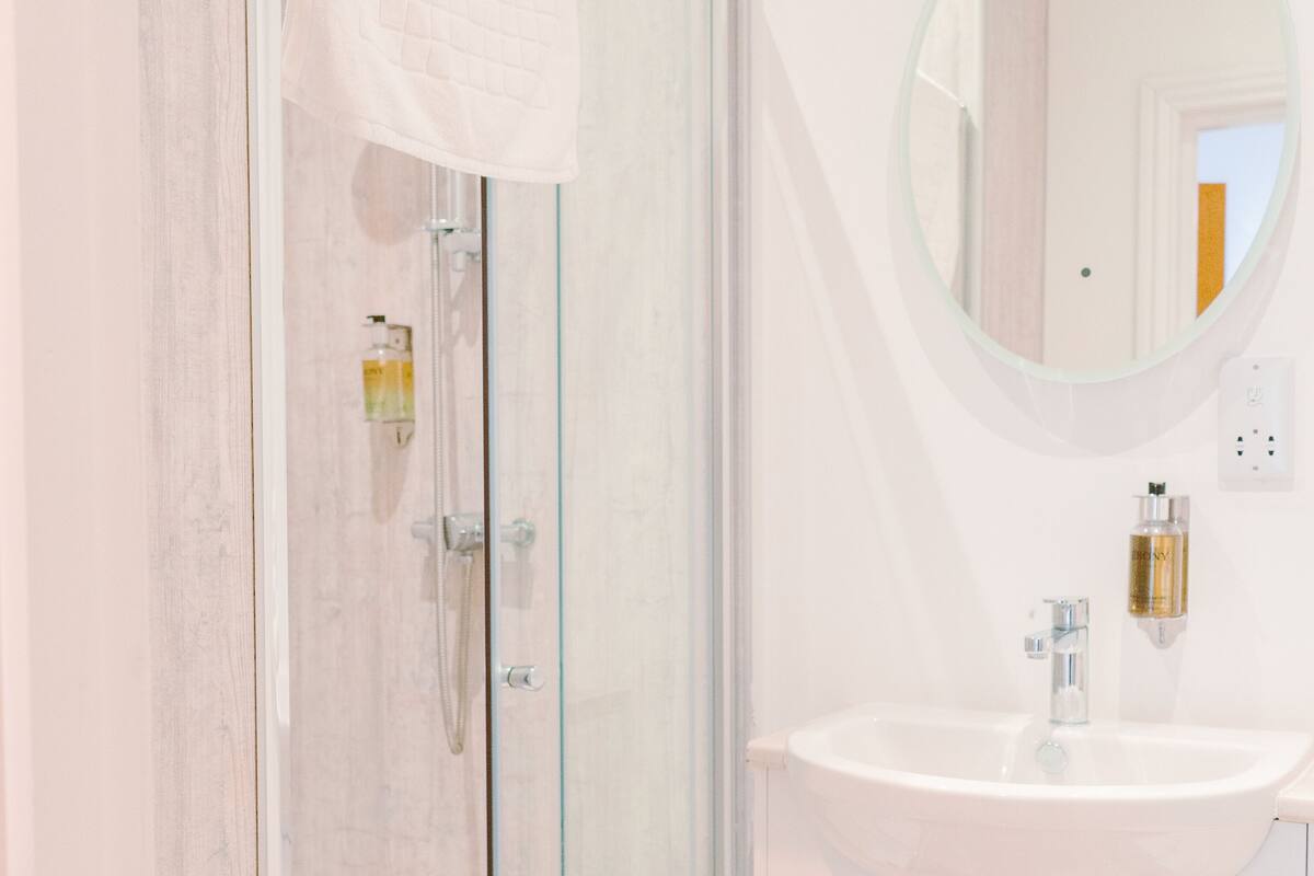 shower, rainfall showerhead, free toiletries, hair dryer