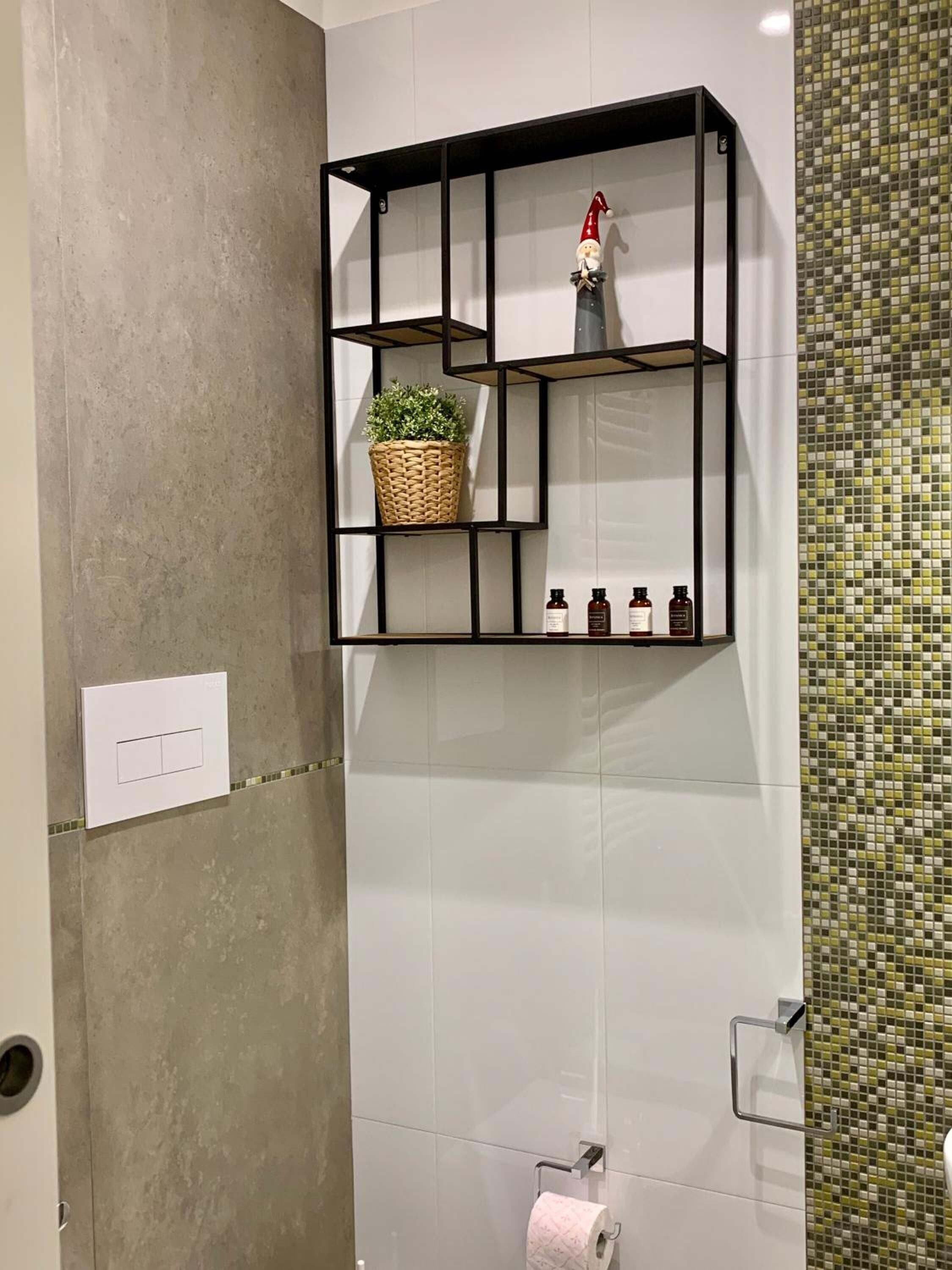 A bathroom with a tiled wall, a black metal shelf with a plant and toiletries, a toilet paper holder, and a shower area with a mosaic tile backsplash.