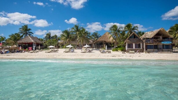 A beach resort with thatched-roof huts, clear turquoise waters, and palm trees. - Casa Violeta (Tulum)