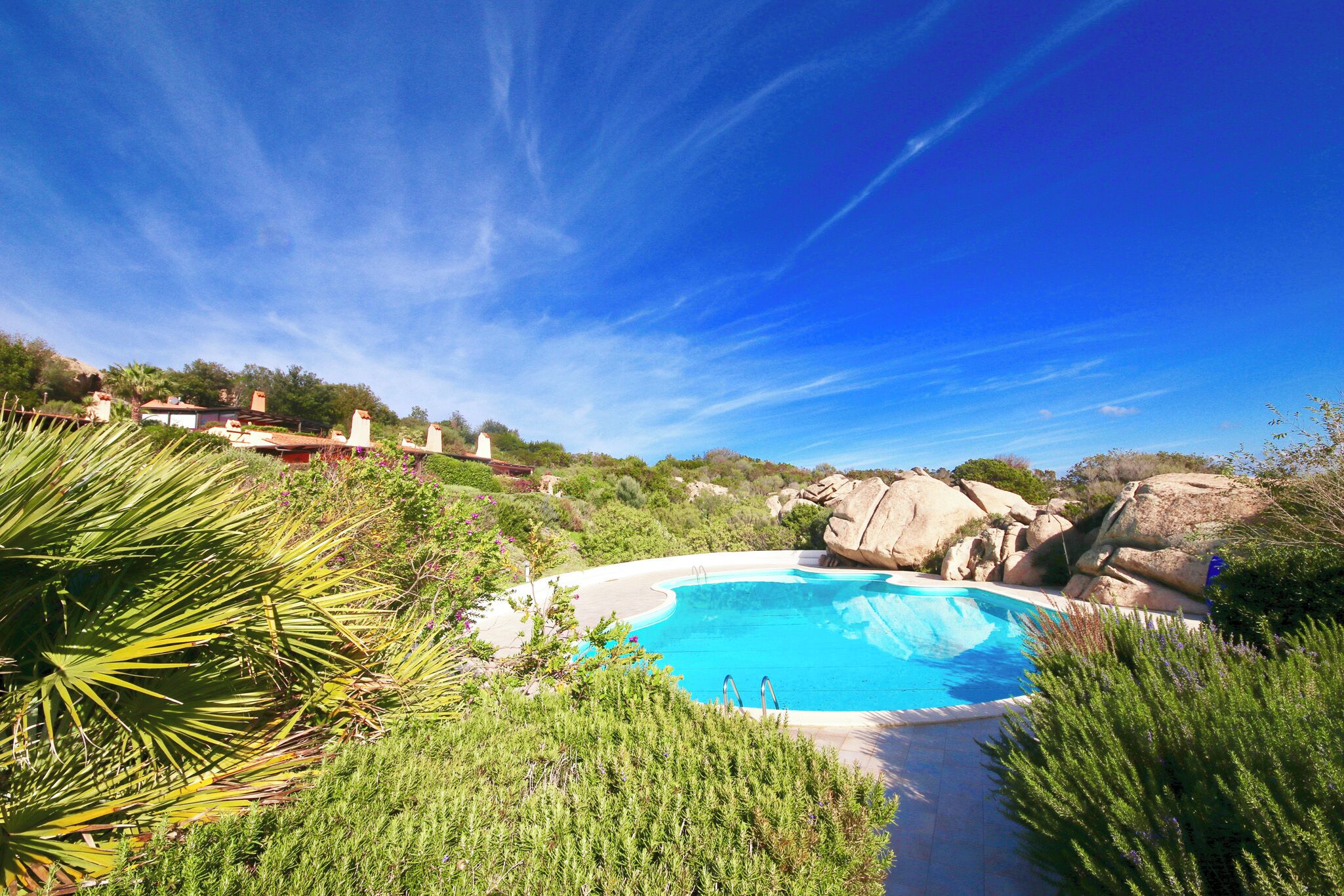 A clear blue swimming pool surrounded by lush greenery and large rocks, with a clear sky above.