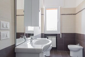 Shower, hair dryer, bidet, towels