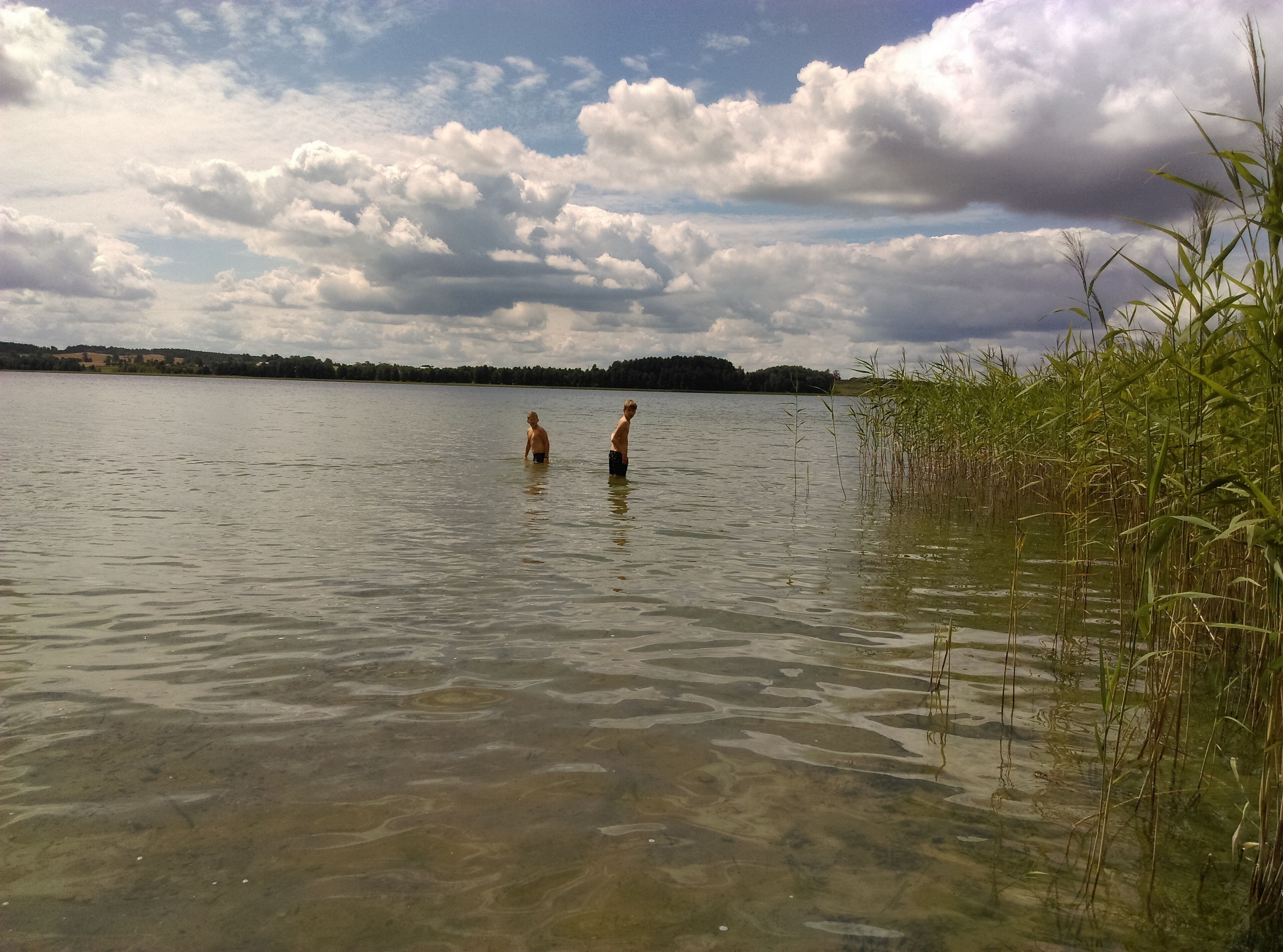 Järvi, jossa on kaksi ihmistä vedessä, ja järveä ympäröivät ruovikot sekä pilvinen taivas.