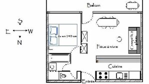 A floor plan with a balcony, kitchen, and dining area.