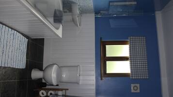 Combined shower/bathtub, towels, toilet paper