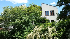 A modern building with a flat roof and two visible windows.