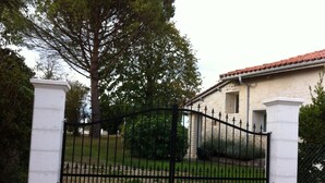 Una entrada cerrada con un edificio de piedra, un árbol y un camino de grava.