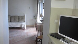 Una habitación con una cama, un televisor y un escritorio con una computadora.