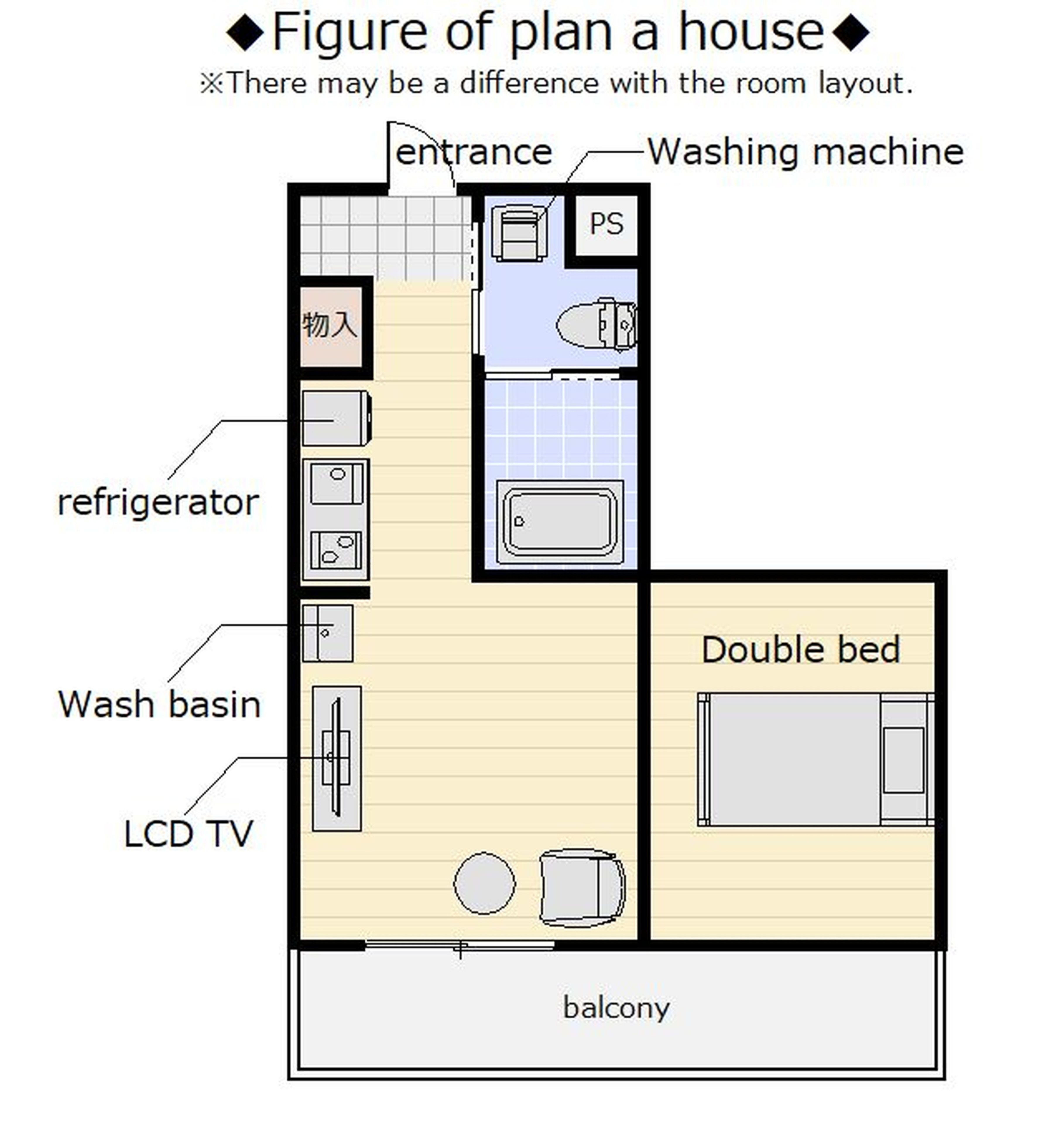 Un plan de maison comprenant une entrée, un lave-linge, un micro-ondes, un réfrigérateur, un lavabo, un téléviseur à écran LCD, un lit double et un balcon.