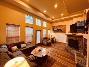 Télévision, cheminée, lecteur de DVD, vidéothèque