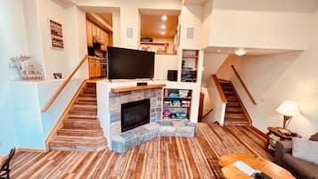 Televisor, llar de foc, reproductor de DVD i videoteca