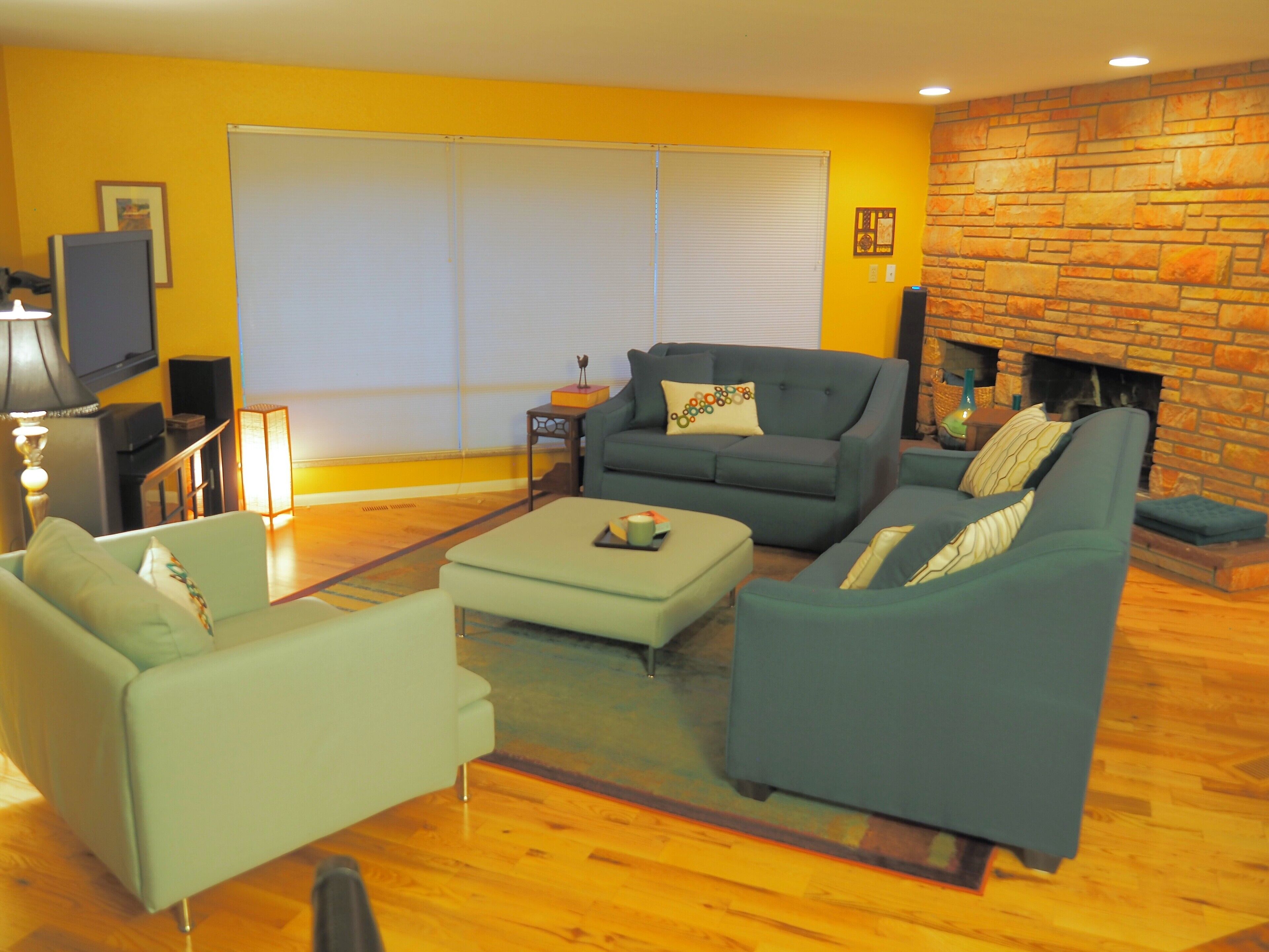 TV, fireplace, DVD player, books