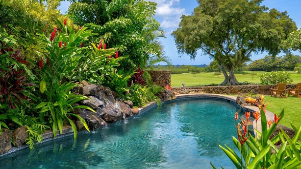 Una piscina rodeada de exuberante vegetación y un muro de piedra.