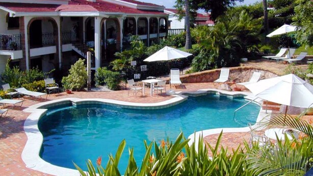 Piscina con tumbonas y sombrillas, rodeada de abundante vegetación y un edificio con techo rojo.