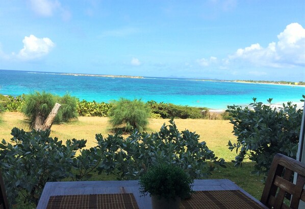 A view from a balcony overlooking a beach with clear blue water and a grassy area with shrubs.