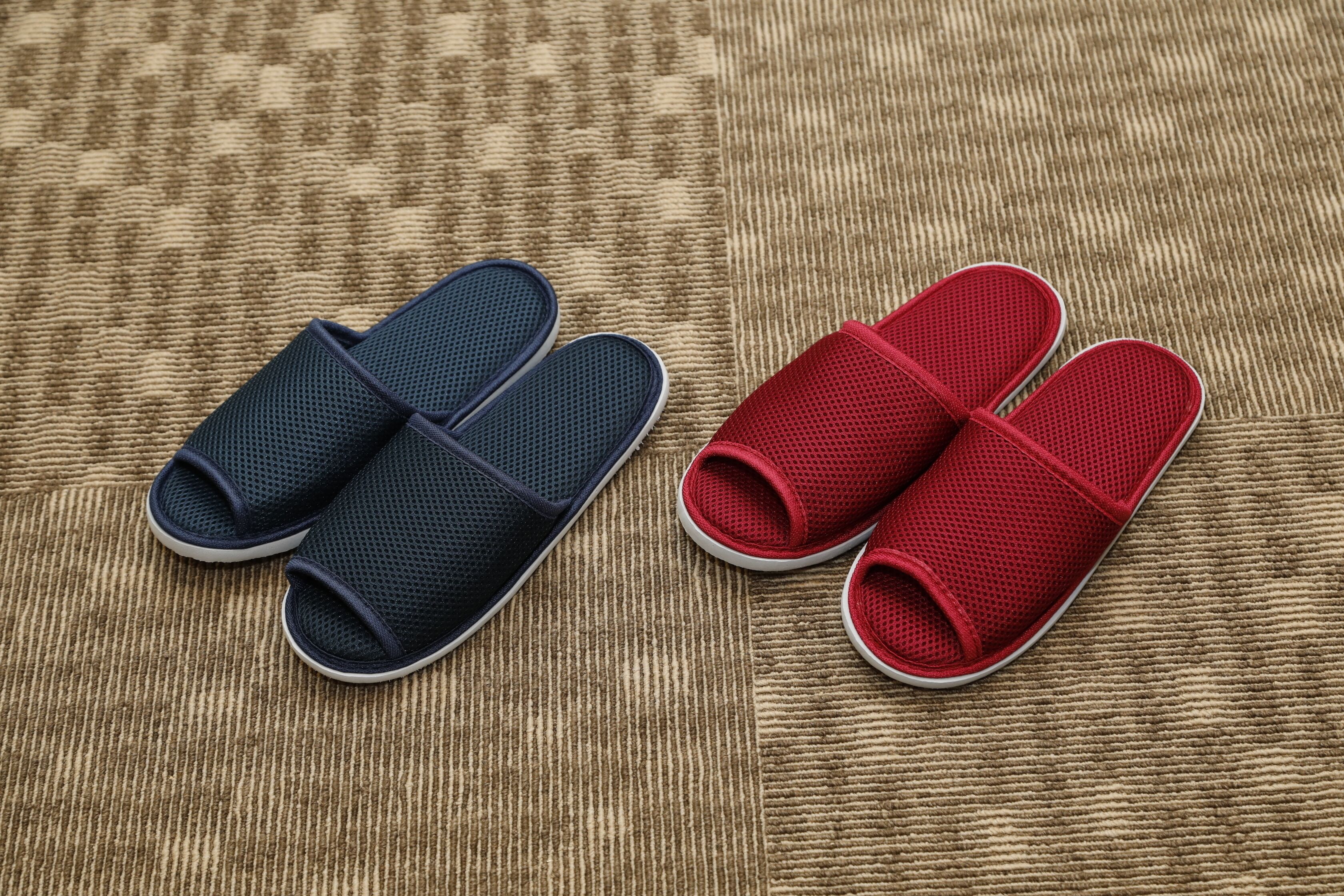 A pair of blue and red slippers on a textured carpet.