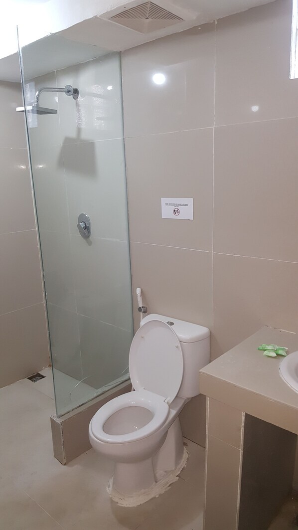 Un baño con ducha de vidrio, inodoro y lavamanos.