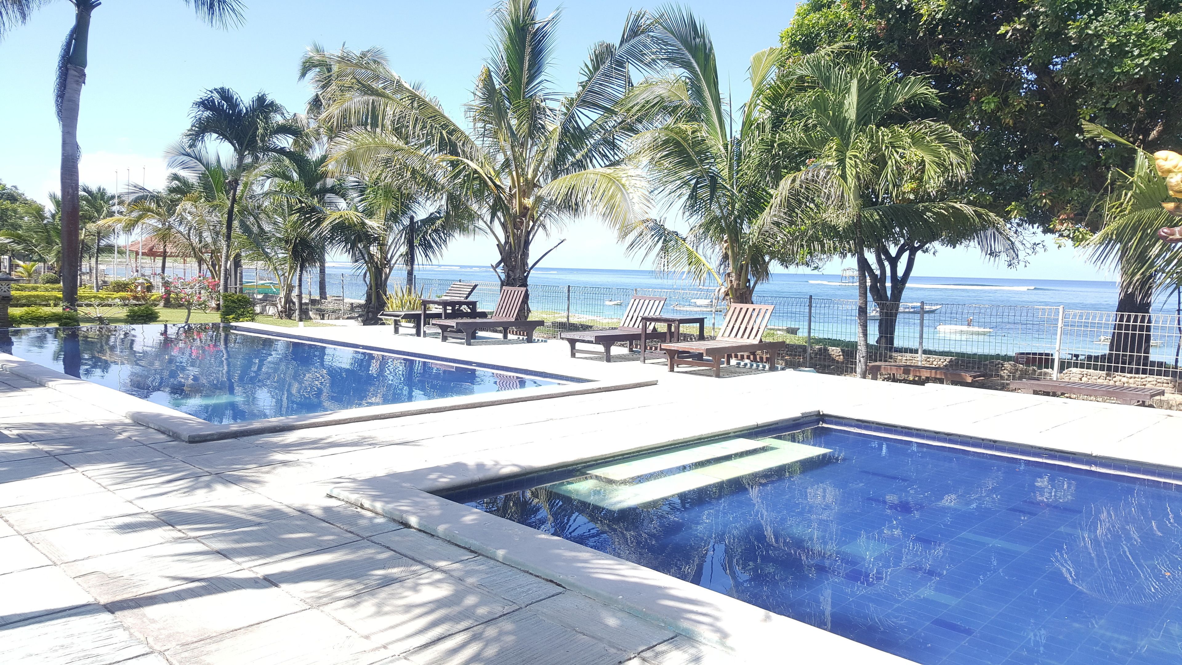A swimming pool with lounge chairs and palm trees, overlooking a body of water.