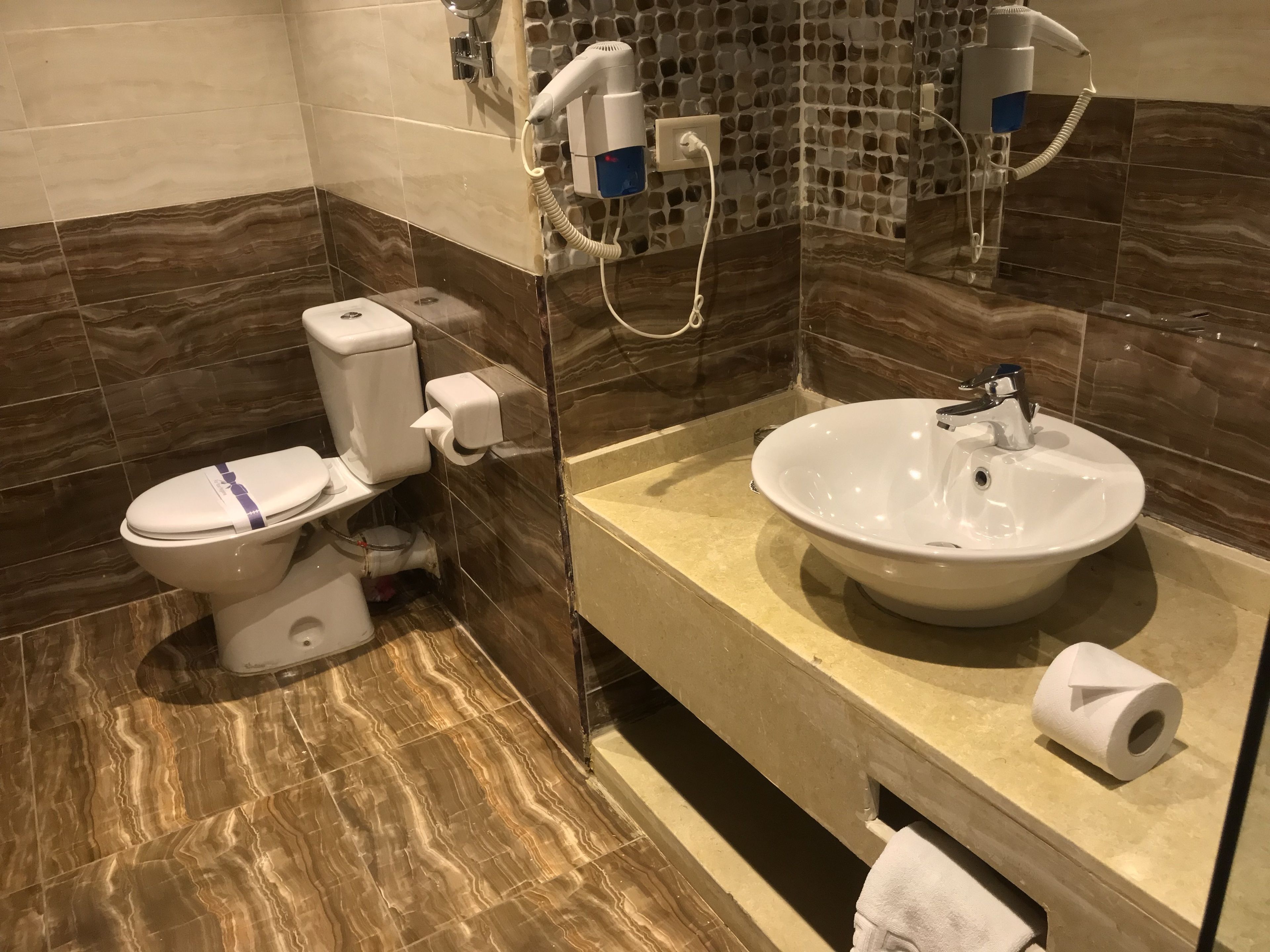Un baño con inodoro, lavamanos y secador de pelo.