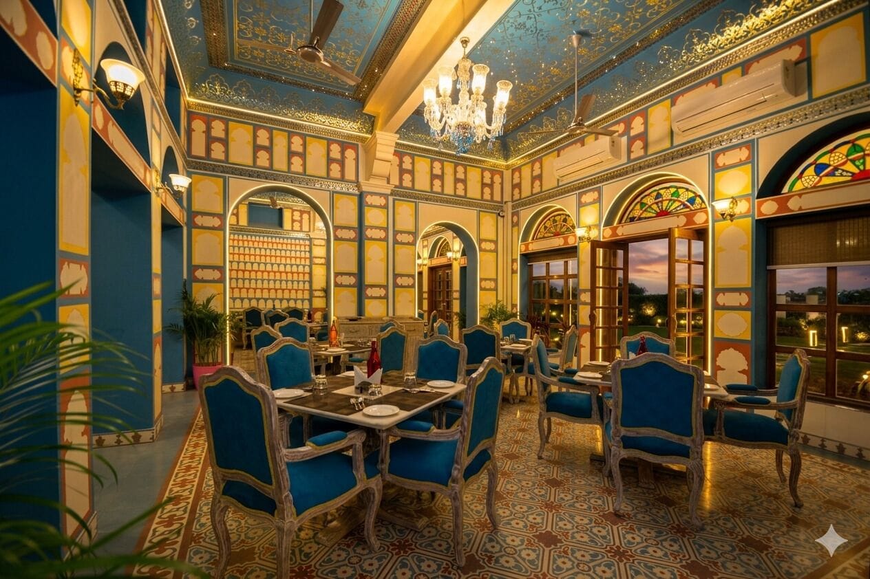 Um restaurante com cadeiras estofadas em azul, teto ornamentado e ladrilhos no chão com padrões.