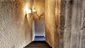 Un escalier en pierre, avec une porte en bois sur le côté droit et une tête de cerf fixée au mur.