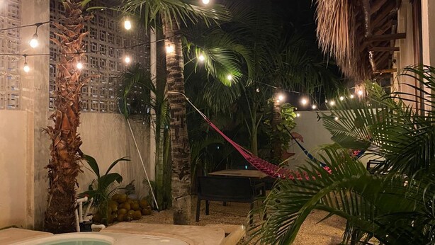 A pool area with a hammock, palm trees, and string lights. - Hotel Pelecanus Suites (Isla Holbox)