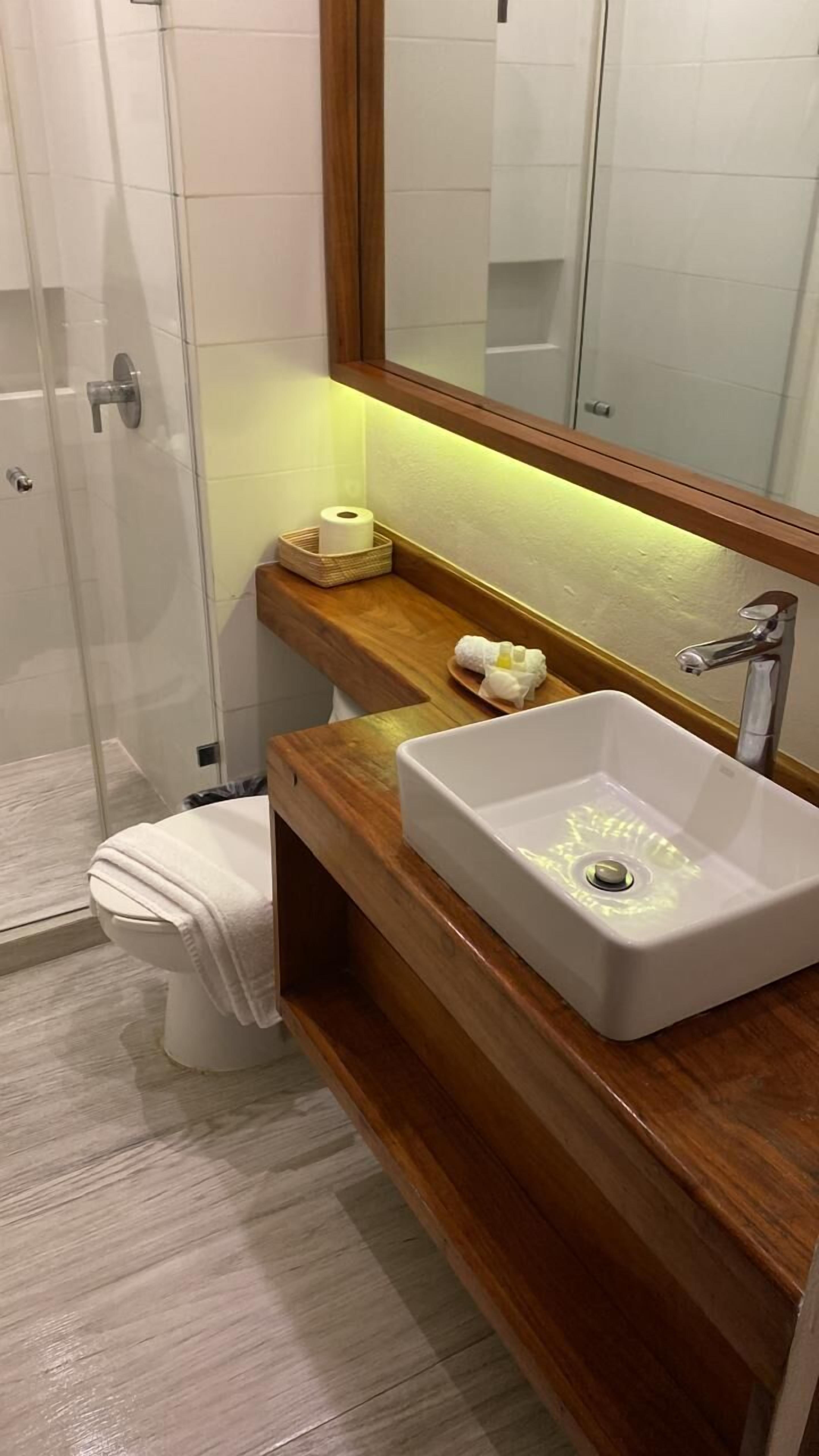 deluxe room, 1 king bed, non smoking | bathroom | shower, free toiletries, hair dryer, towels