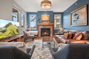 Smart TV, fireplace, video games, Hulu