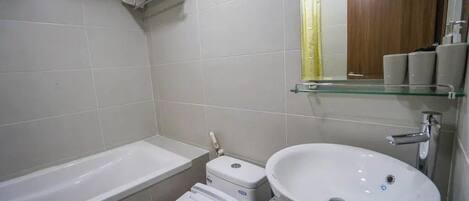 Bathtub, hair dryer, bidet, soap