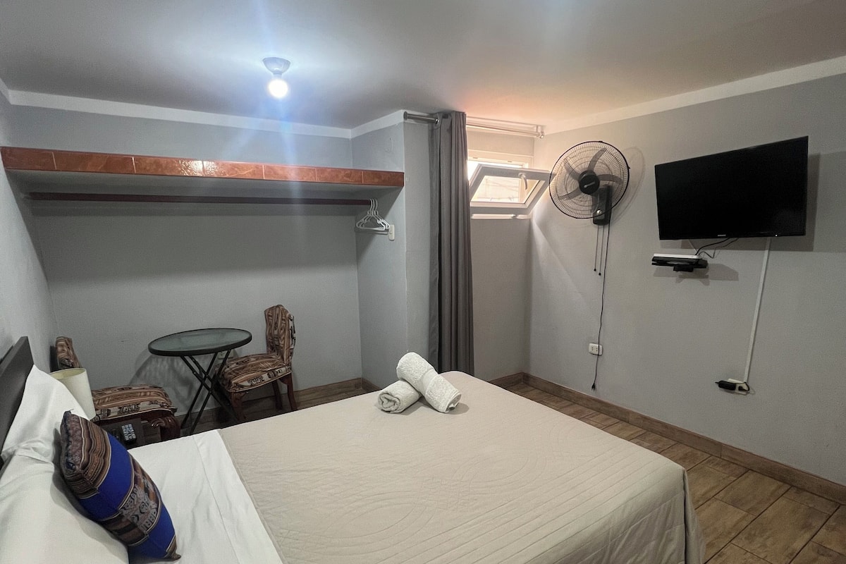 Une chambre d’hôtel avec un lit, une télévision, un ventilateur, une petite table et des chaises.