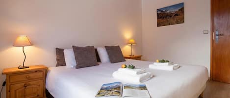 Een net opgemaakt bed met kussens, een bedlampje, een boek en een opgevouwen handdoek.
