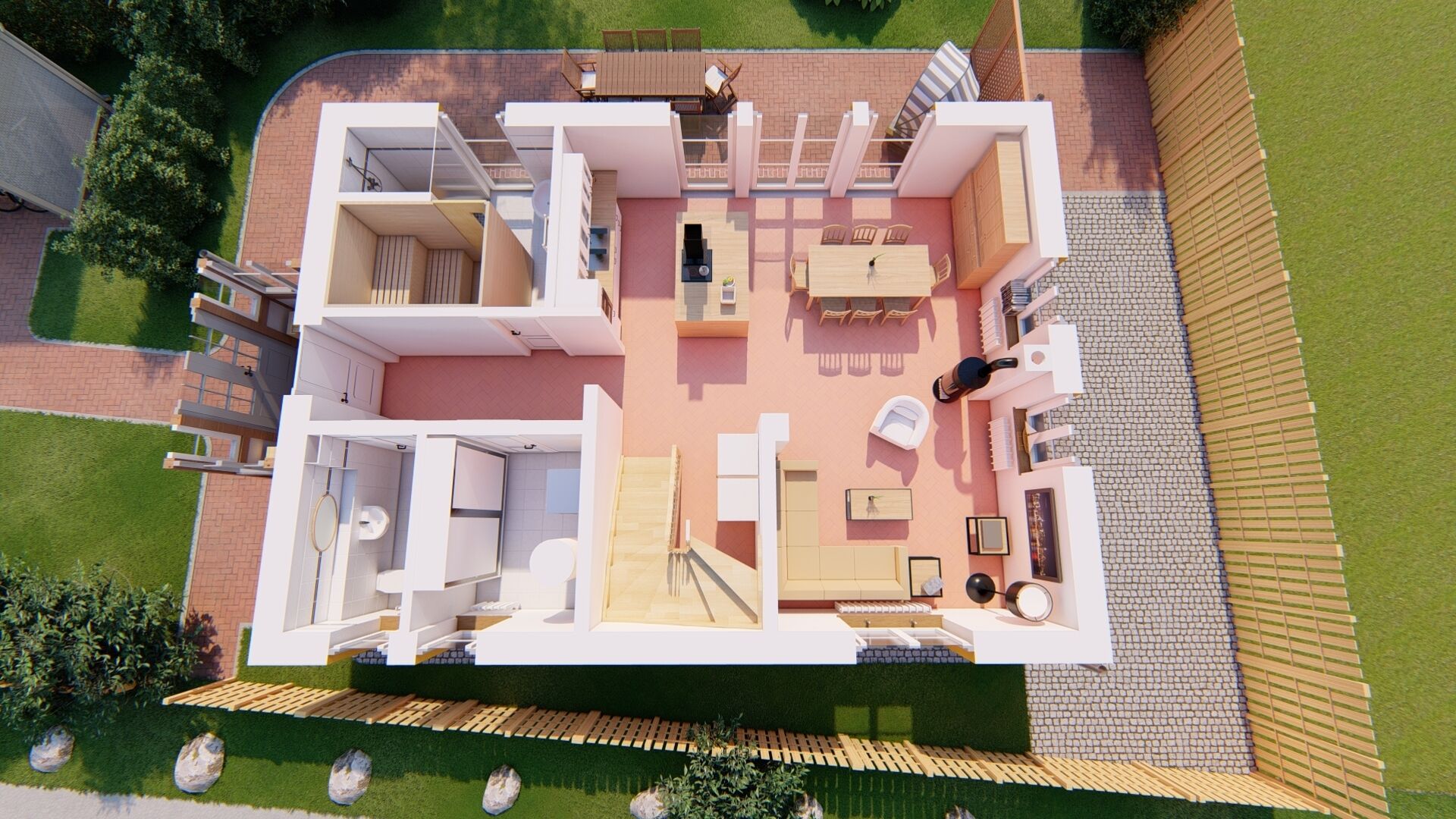 Een tweelaags huis met een patio, keuken, eethoek en badkamer.