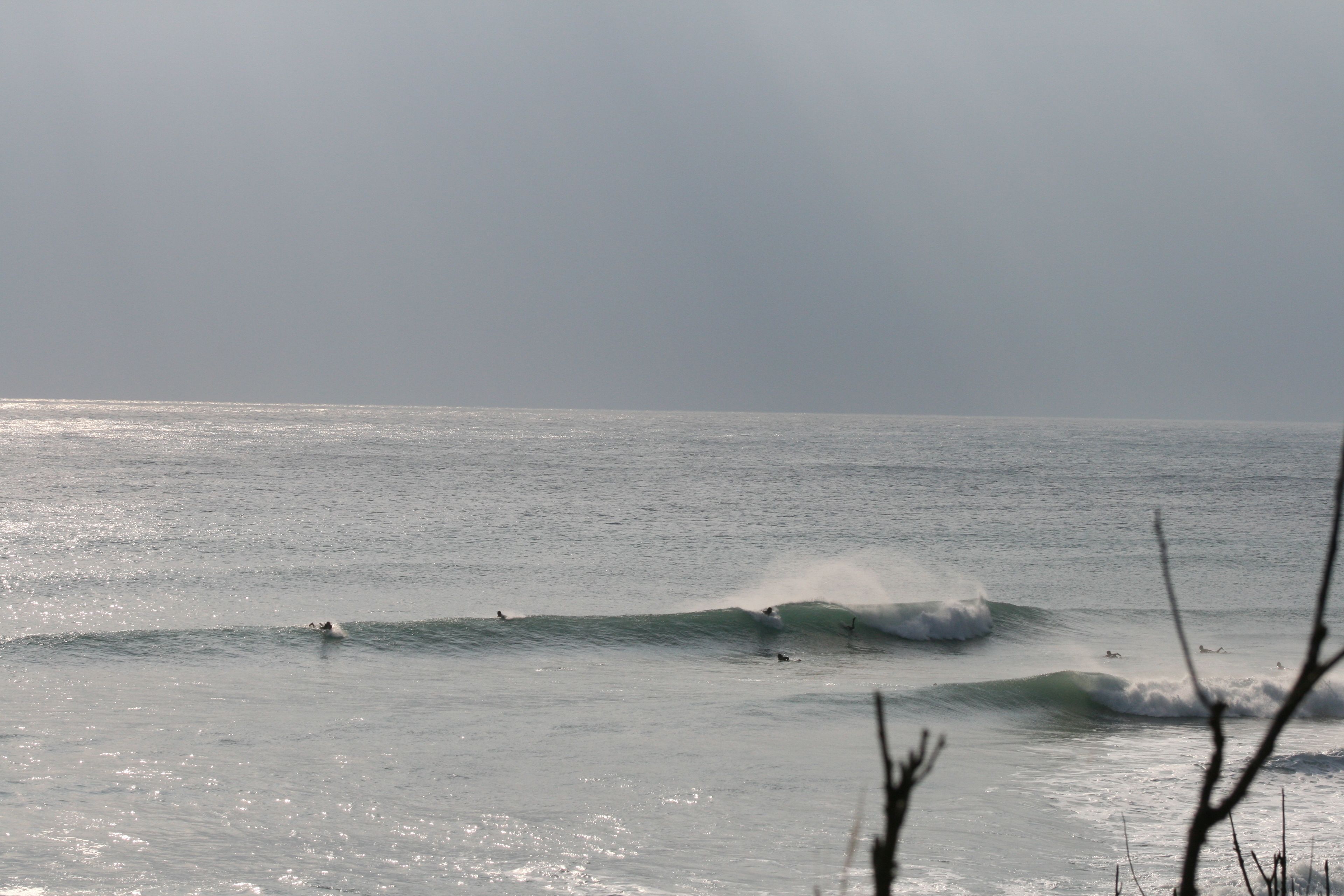 Una playa con olas y surfistas.