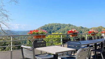 An outdoor dining area with tables and chairs, overlooking a forested landscape.