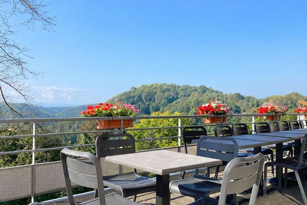 An outdoor dining area with tables and chairs, overlooking a forested landscape.