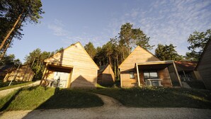 Una hilera de cabañas de madera con un sendero de grava que las conduce, rodeadas de árboles.