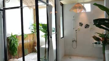 Shower, free toiletries, hair dryer, slippers