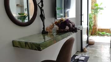 Shower, free toiletries, hair dryer, slippers