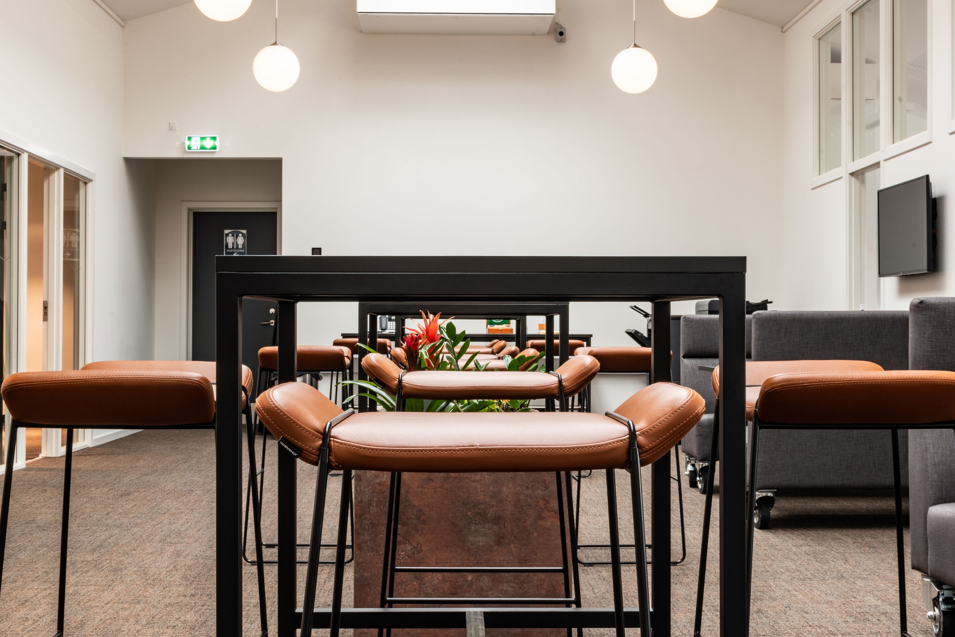 A conference room with a black table, brown leather chairs, and a potted plant.