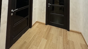 Una habitación con dos puertas de madera oscura, una lámpara en el techo y suelo de madera.