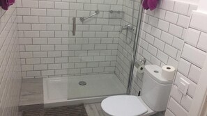 Regadera, secadora de cabello, toallas, papel de baño 
