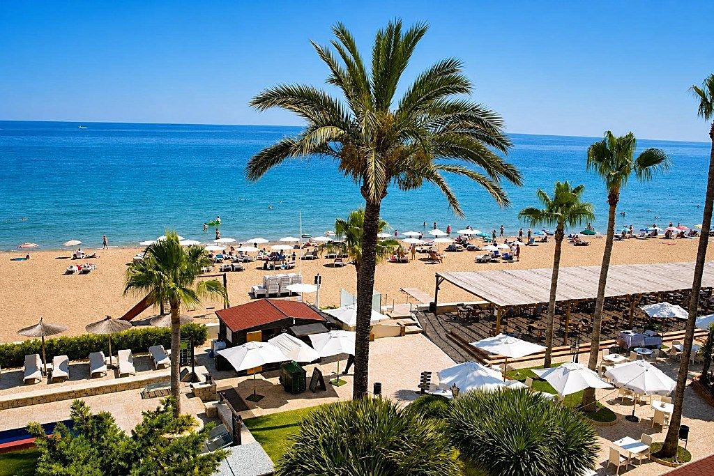 A beach resort with palm trees, sun loungers, and umbrellas.