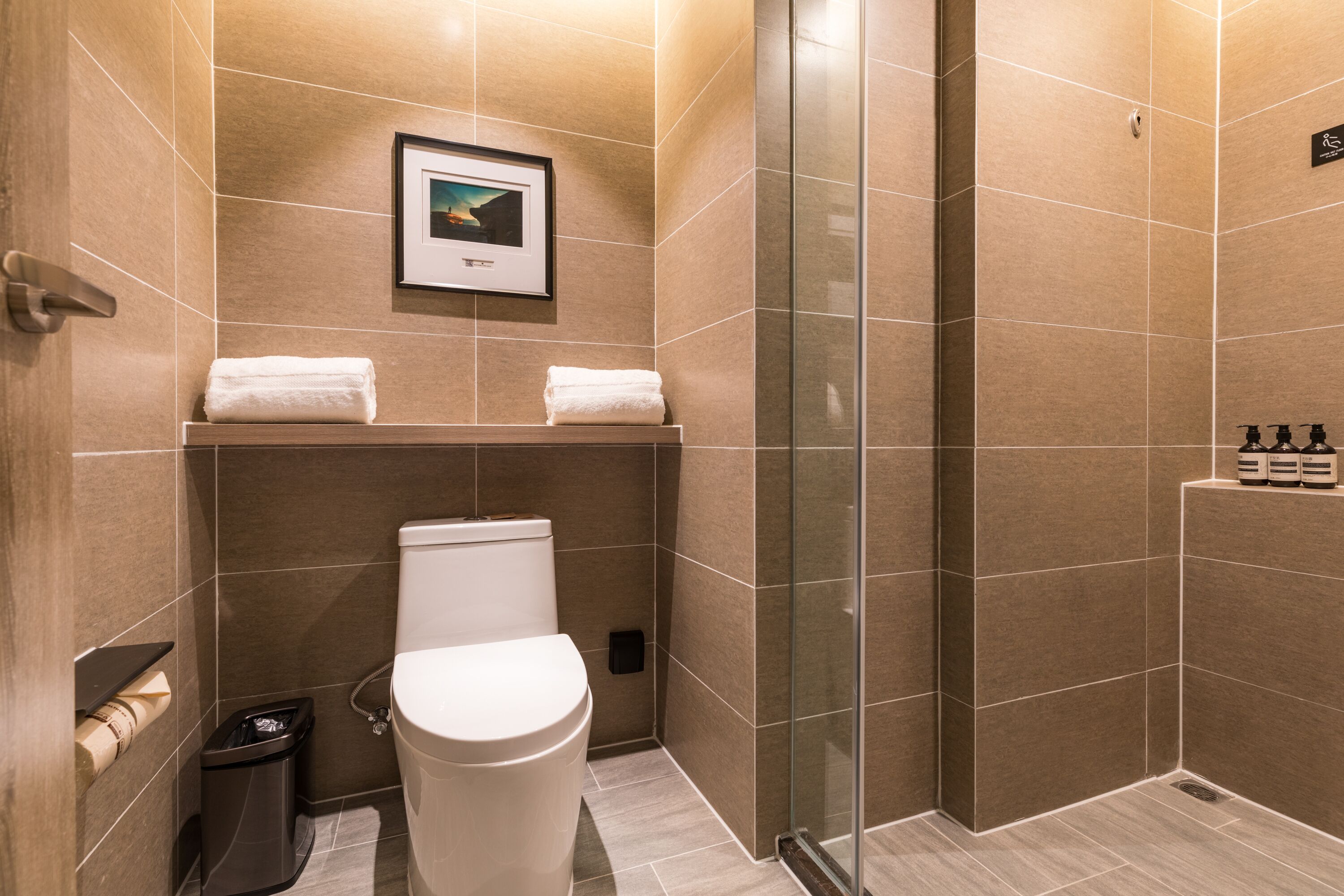 family room | bathroom | shower, hair dryer, dressing gowns