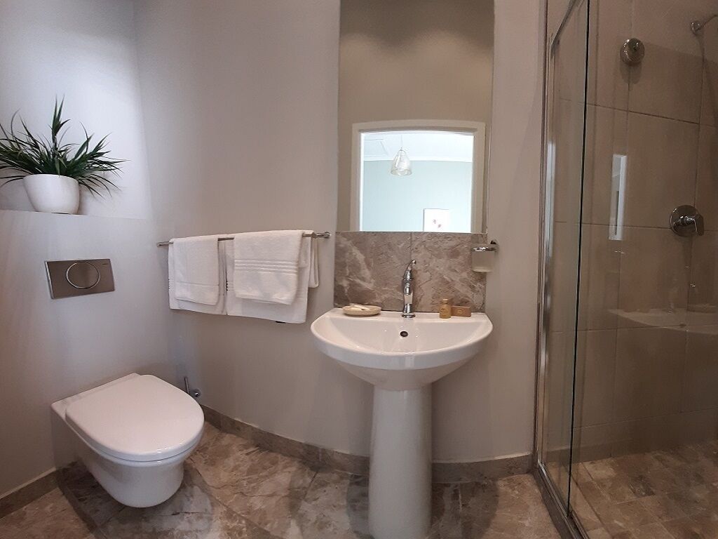 Ein Badezimmer mit Toilette, Waschtisch, einer Duschkabine aus Glas und einem Blumentopf an der Wand.
