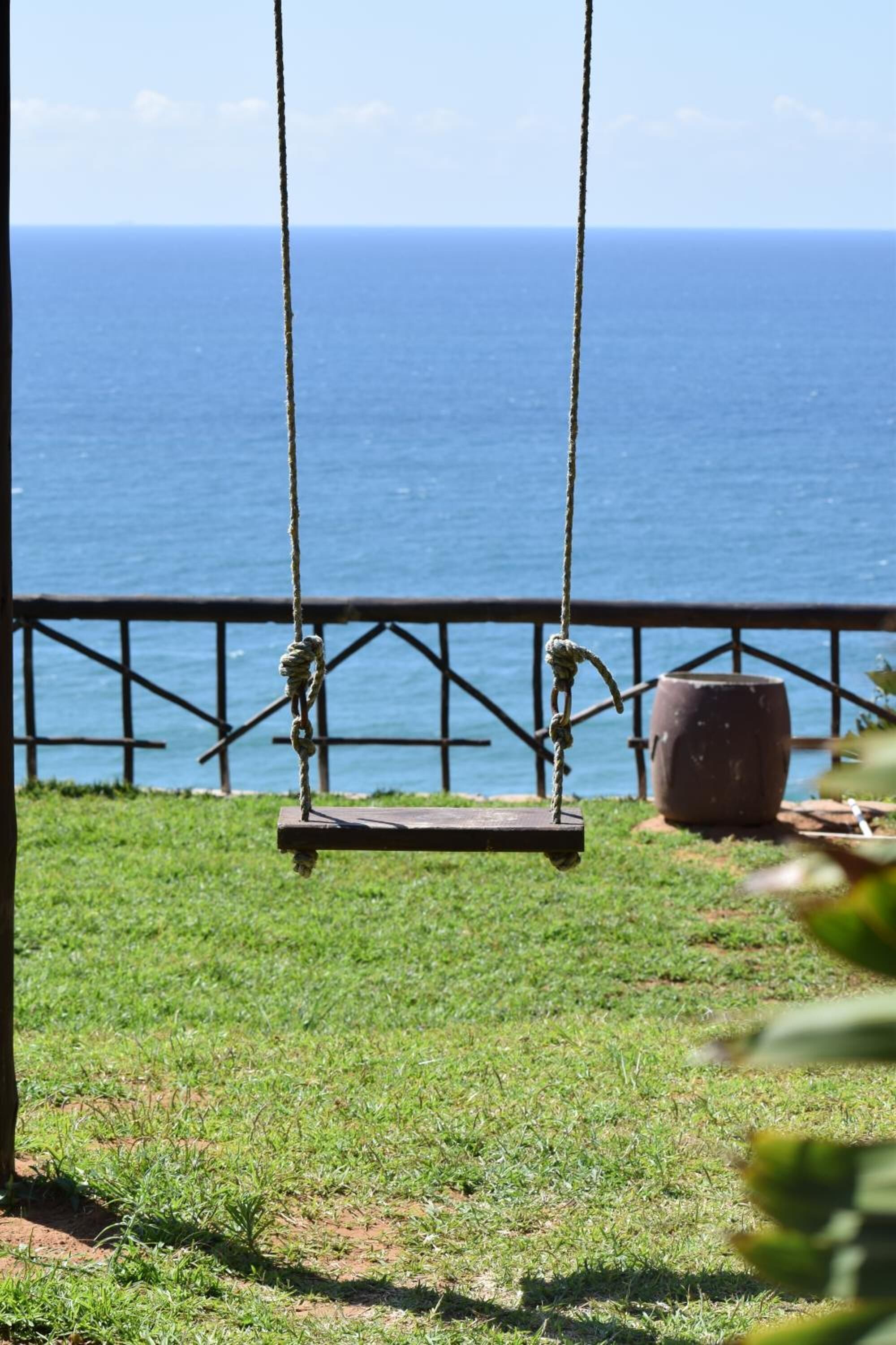 A swing set with ropes and a wooden seat, positioned on a grassy area with a view of the ocean.