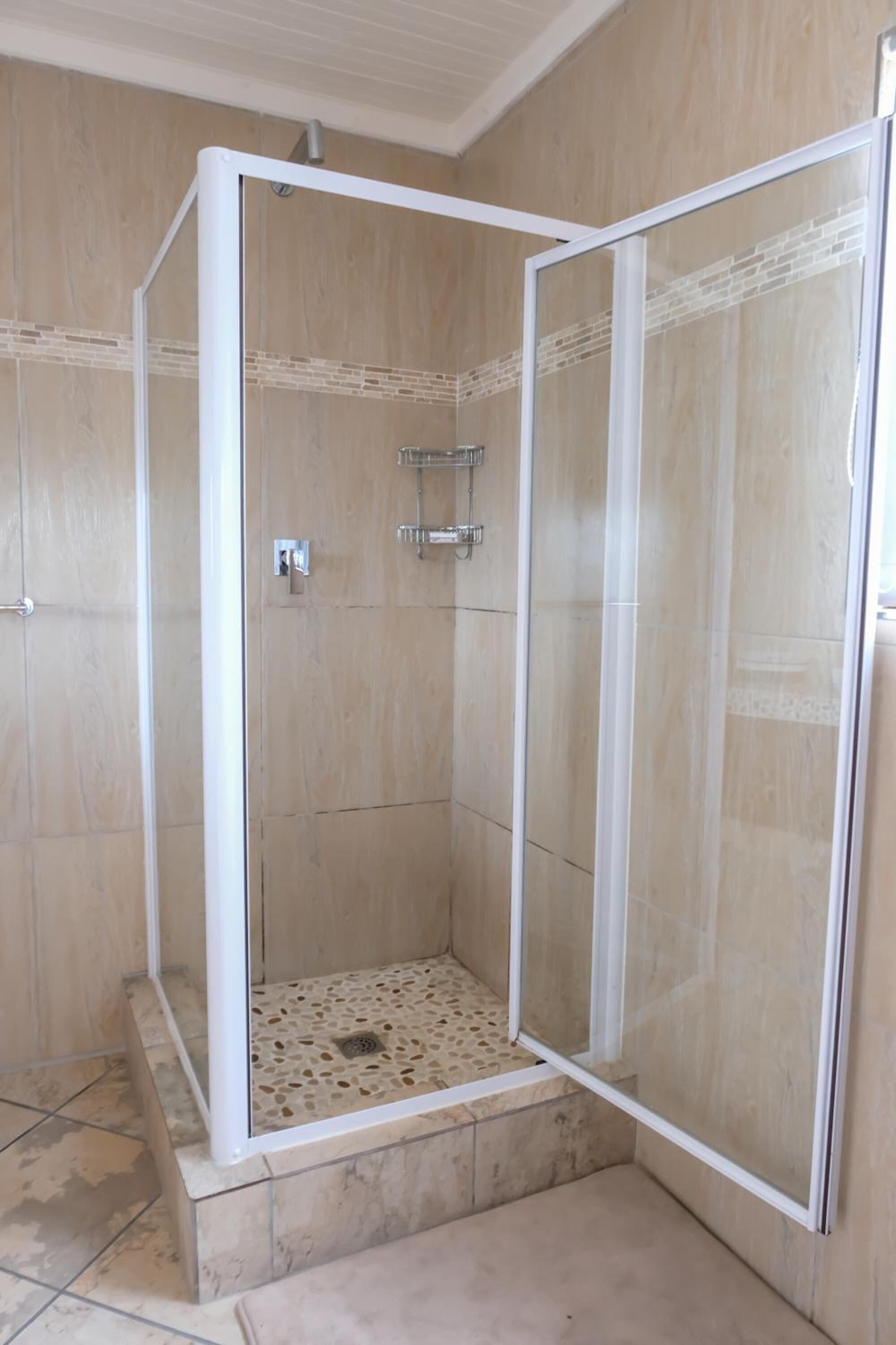 Une douche à l’italienne avec une porte en verre, des murs carrelés et un pommeau de douche.