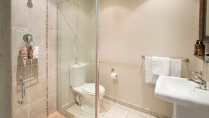 A bathroom with a glass-enclosed shower, a white toilet, a sink, and a towel rack. - Sandton Slippers (Sandton)