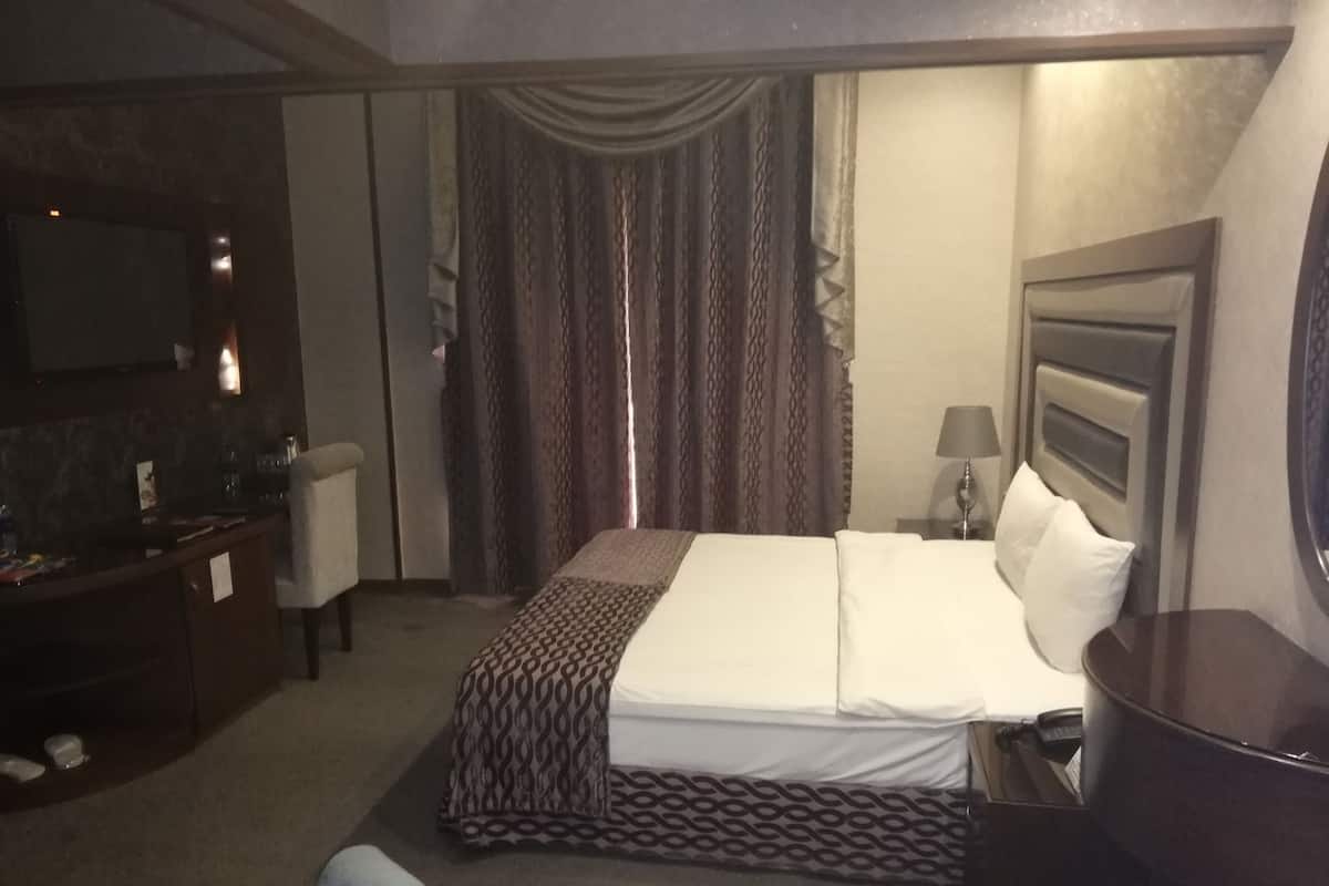 A hotel room with a bed, a desk, a chair, a TV, and curtains.