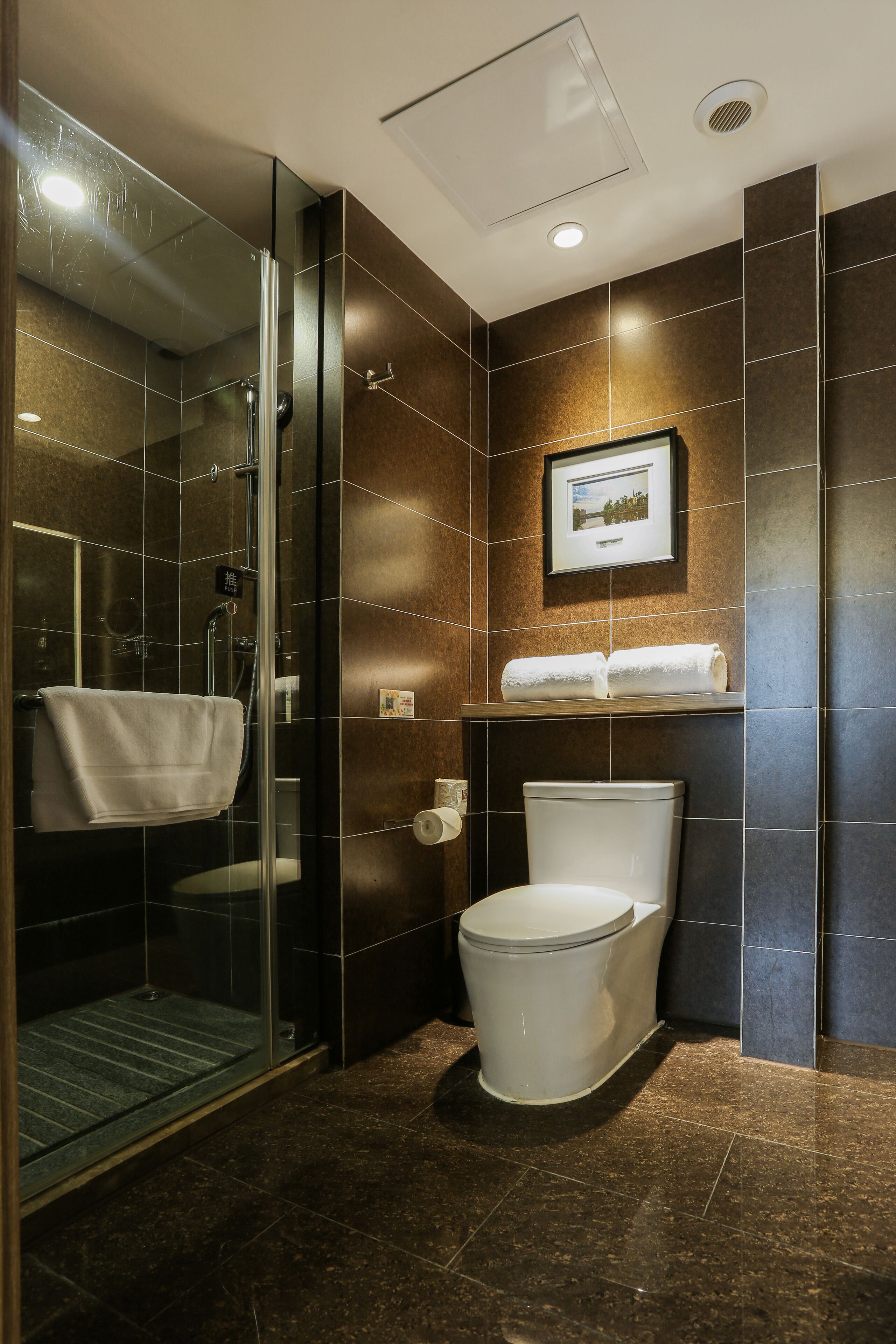 A modern bathroom with a glass shower enclosure, a toilet, and a framed picture on the wall.