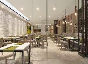A modern restaurant interior with multiple dining tables and chairs, a brick wall on one side, and a decorative bookshelf on the other. - Atour Hotel Dufu's Thatched Cottage Chengdu (Chengdu)